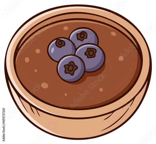 Cartoon illustration of a bowl of chocolate pudding topped with fresh blueberries