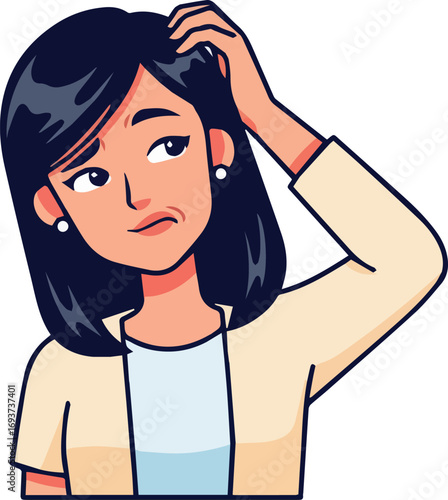 Illustration of a thoughtful and confused woman scratching her hair, deep in thought. A vector graphic depicting uncertainty