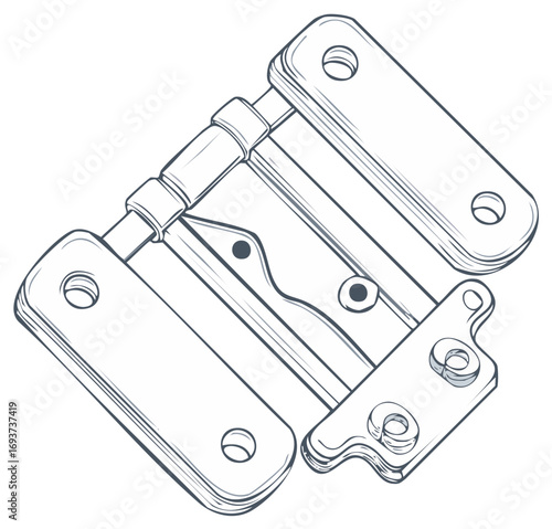 Technical line drawing of a specialized mechanical hinge with integrated latch mechanism and pivot points