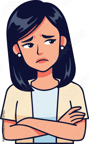Unhappy and disappointed cartoon woman looking away with her arms crossed, an isolated vector graphic representing sadness, worry, or frustration