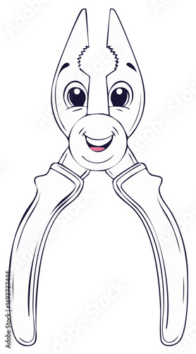 Happy cartoon pliers with a smiling face and friendly line art illustration