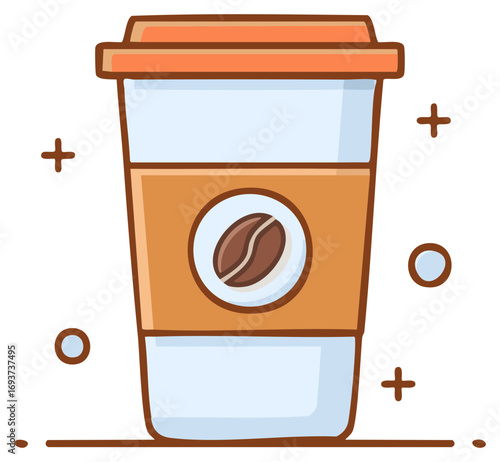 Vibrant cartoon graphic of a brown and white disposable coffee cup with a coffee bean emblem.