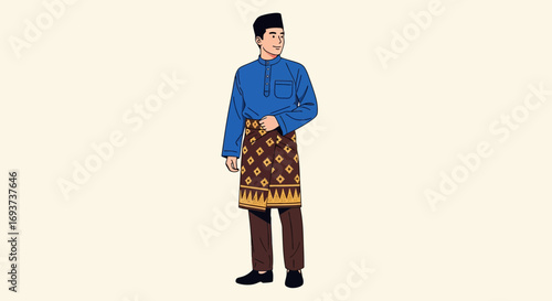 Traditional Malay Man in Baju Melayu, Songkok, and Samping. Southeast Asian Cultural Attire Illustration.