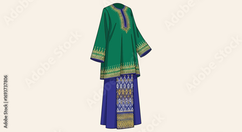Traditional Green Tunic and Blue Skirt with Intricate Gold Embroidery. Cultural Fashion Attire.