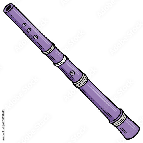 Cartoon illustration of a purple flute musical instrument, isolated on white