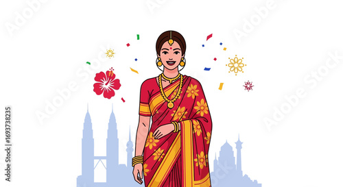 Joyful Woman in Traditional Saree with Cultural Festivities and City Skyline Illustration