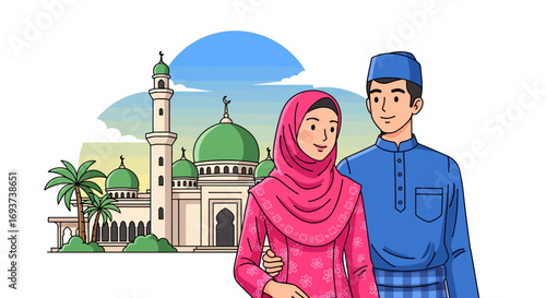 Cultural Wedding Illustration: Bride, Groom, and Guests Celebrate Traditional Marriage Ceremony