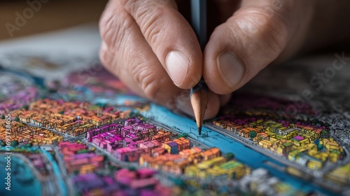 Hand drawing a vibrant city map with colored pencils on a wooden table during daylight hours