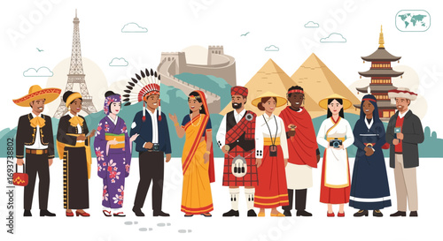 Global Cultural Diversity: People in Traditional Attire with World Landmarks, Celebrating International Travel & Unity