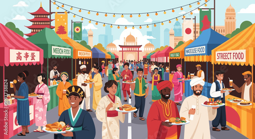 Vibrant Global Street Food Festival: Diverse People Enjoying International Cuisine & Cultural Celebration