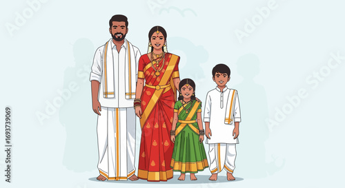 Traditional South Indian Family Portrait in Cultural Attire Illustration