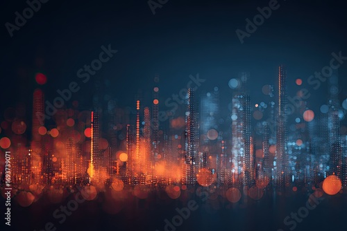 Futuristic city skyline at night, blurred