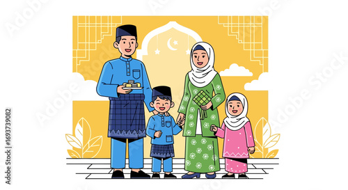Happy Muslim Family in Traditional Attire Celebrating Eid al-Fitr with Duit Raya