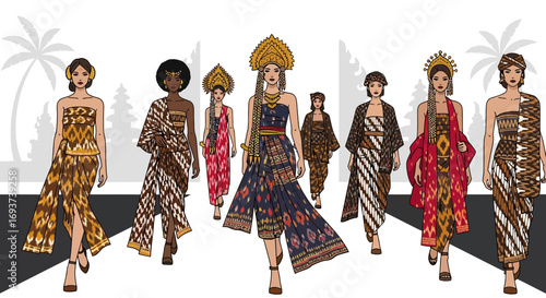 Indonesian Fashion Runway: Diverse Models in Traditional Batik & Ikat Outfits with Cultural Accessories