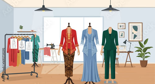 Fashion Design Studio with Traditional & Modern Attire on Mannequins