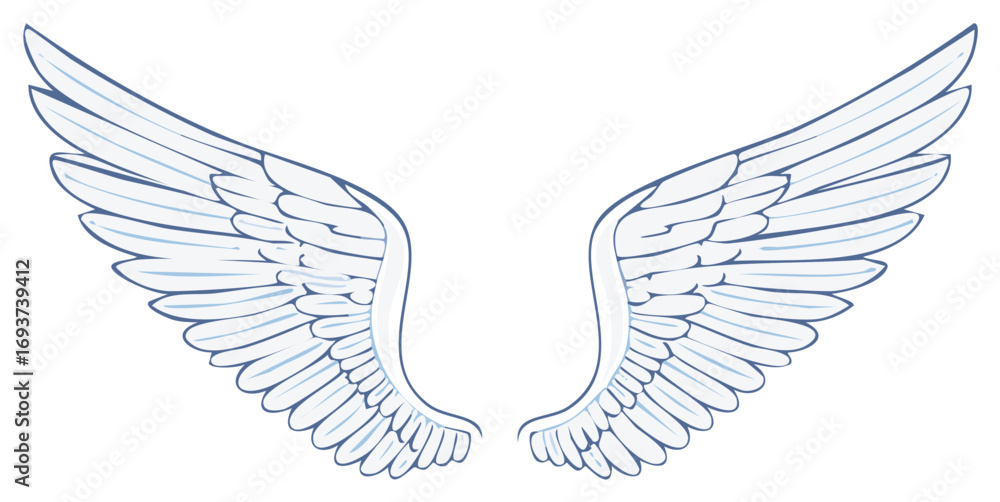 Obraz premium Stylized blue and white angel wings illustration with detailed feathers and outline