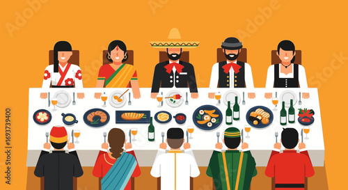Diverse people in traditional attire sharing a festive meal. Global cultural celebration, unity, and international cuisine at a long table.