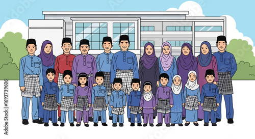 Multi-generational Malay Family in Traditional Attire Outside Modern Building