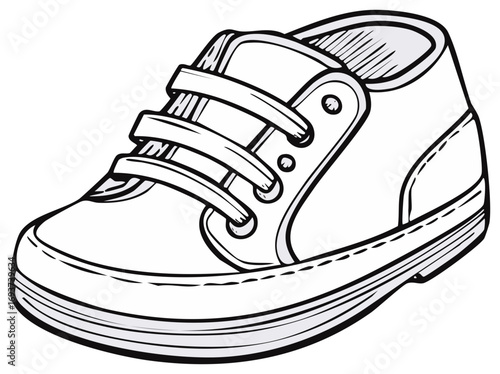 Black and white line art illustration of a casual high top sneaker shoe with laces isolated