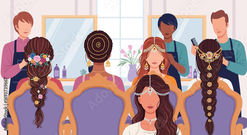 Diverse Women Receiving Intricate Hairstyles and Braids in a Modern Beauty Salon