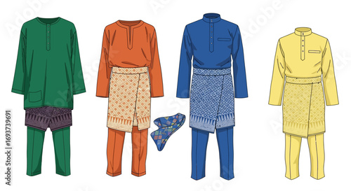 Traditional Baju Melayu Outfits Collection Vector Illustration
