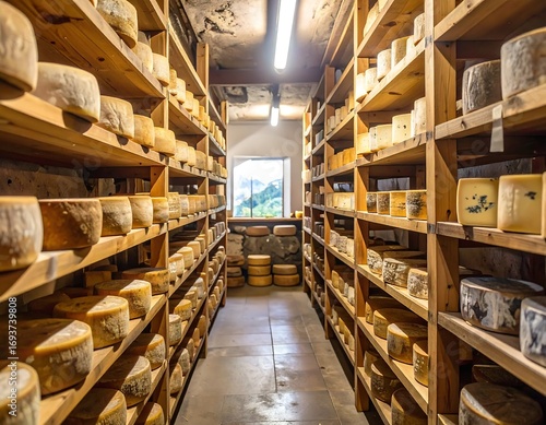 Aged cheese wheels in wooden shelves