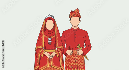 Traditional Malay Wedding Couple in Red Attire. Cultural Ceremony Flat Illustration