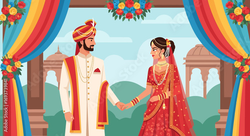 Joyful Indian Wedding Couple in Traditional Attire Holding Hands Under Decorated Archway. Festive Celebration of Love and Culture.