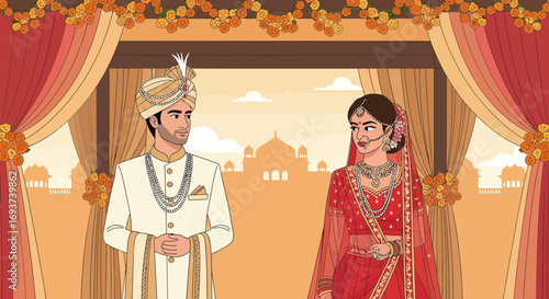 Traditional Indian Wedding Couple Ceremony Illustration
