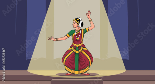 Vibrant Indian Classical Dance Performance Spotlight Illustration