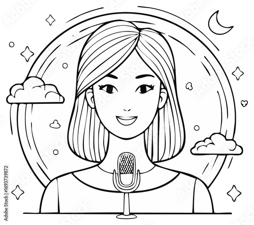 Woman Speaking Into Microphone with Moon Clouds and Stars Illustration Line Art