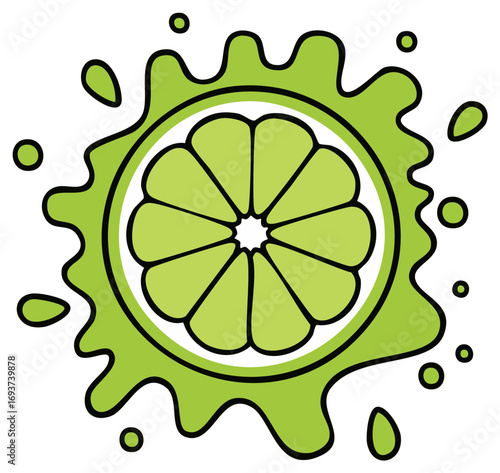 Abstract lime slice with green liquid splash and droplets, simple flat graphic design