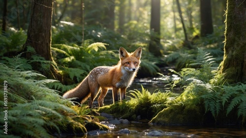 A vibrant fox stands by a serene stream in a lush forest, illuminated by soft sunlight filtering through trees