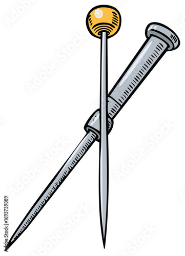 Cartoon illustration of two sewing pins with different colored heads
