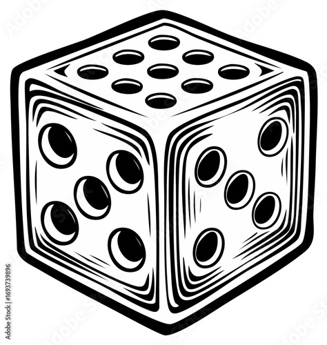 Monochrome Die Graphic Depicting Chance Gaming Strategy with Bold Lines