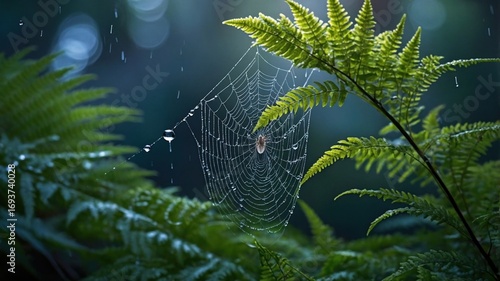 Delicate spider web glistening with raindrops, surrounded by lush green ferns in a serene forest