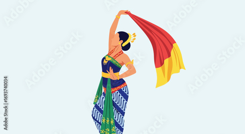 Graceful Woman Performing Traditional Dance with Flowing Scarf. Cultural Art Illustration.