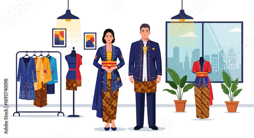 Traditional Indonesian Batik & Kebaya Fashion in Modern Boutique Setting