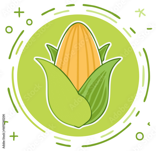 Simple stylized corn on the cob icon with green circular border and abstract shapes