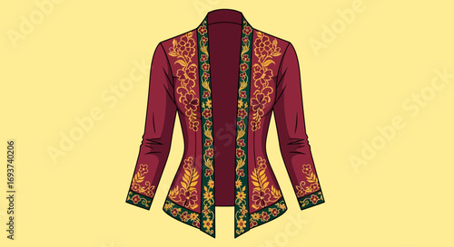 Elegant Maroon Traditional Embroidered Jacket Illustration with Gold Floral Patterns