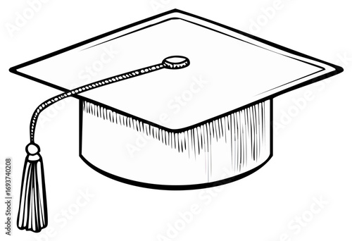 Simple black and white line art drawing of a graduation cap with tassel