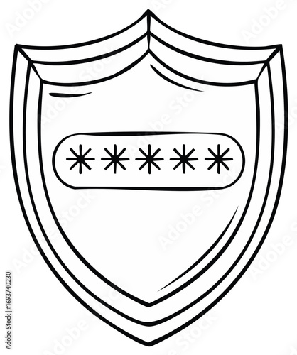 Data security shield icon protecting password, secure access and technology safety vector symbol, sketch outline