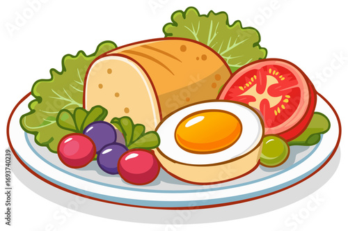 Illustration of a hearty breakfast platter: bread loaf, tomato slice, egg, radish, grapes, and salad, cartoon style