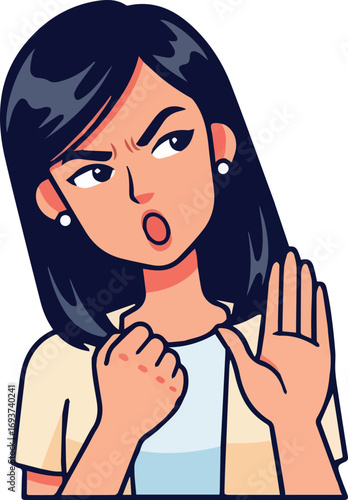 Vexed young woman expressing strong displeasure or frustration, assertively signaling to stop with a raised hand gesture and a resolute, open-mouthed expression
