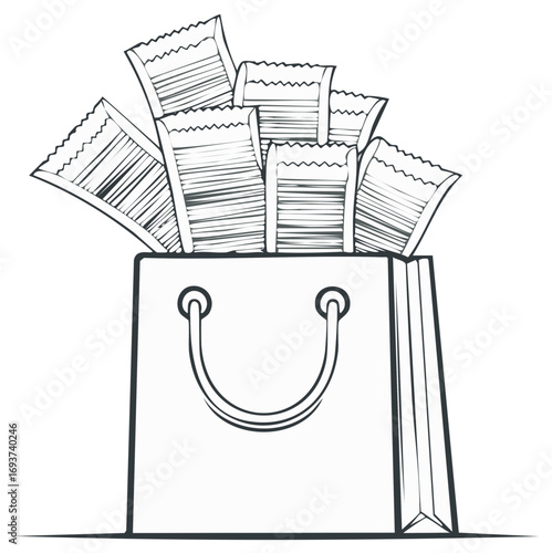 Shopping bag overflowing with small individual packets line art drawing