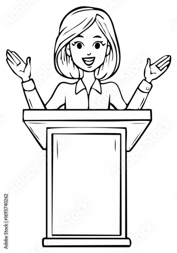 Confident businesswoman giving a speech at a podium, black and white cartoon line art illustration