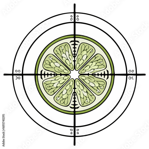 Lime slice target illustration. Fruit in crosshairs vector. Food and design concept.
