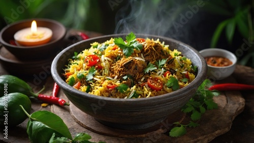 Vibrant bowl of flavorful biryani garnished with herbs and chilies, set in a rustic environment