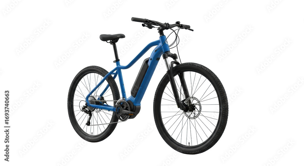 Fototapeta premium A sleek, modern royal blue electric mountain bike with black accents, knobby tires, integrated battery, presented on a transparent studio background with soft shadow, advanced engineering concept.