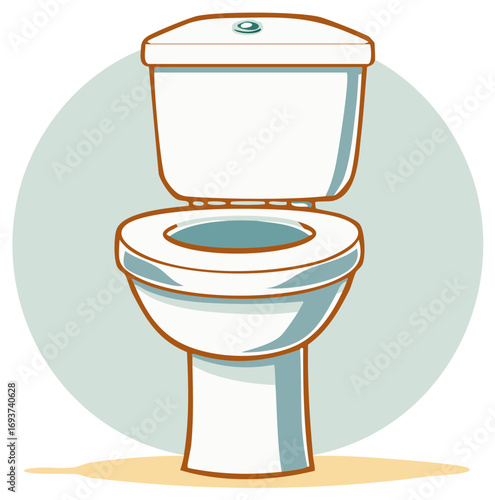 Modern white toilet with lid up and seat down isolated against a pale blue circular background